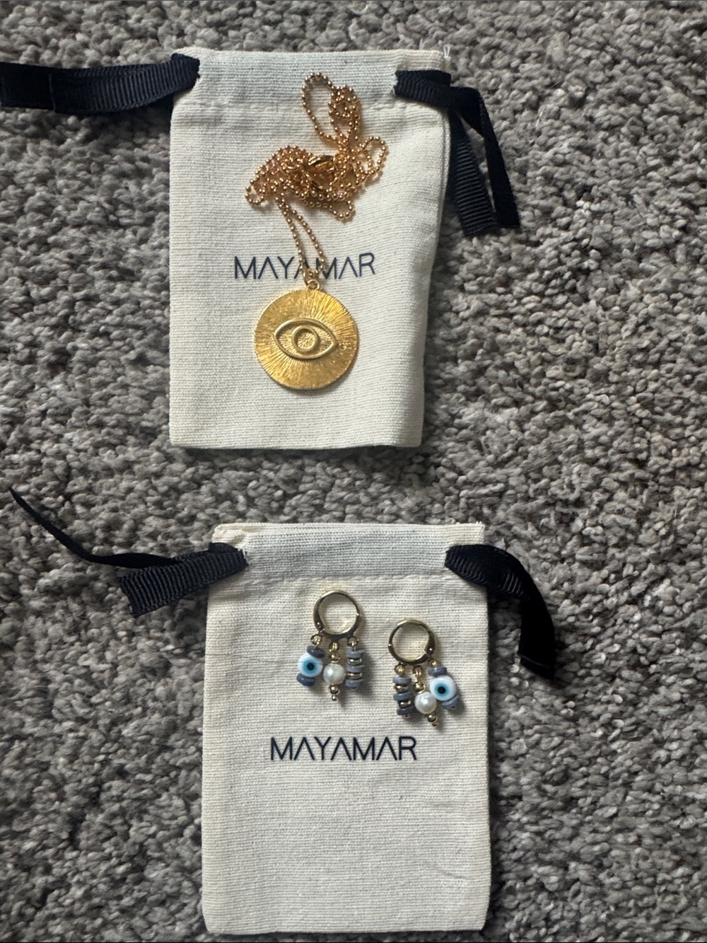 MAYAMAR Gold Evil Eye Pendant Necklace and Blue Bead Hoop Earrings Set